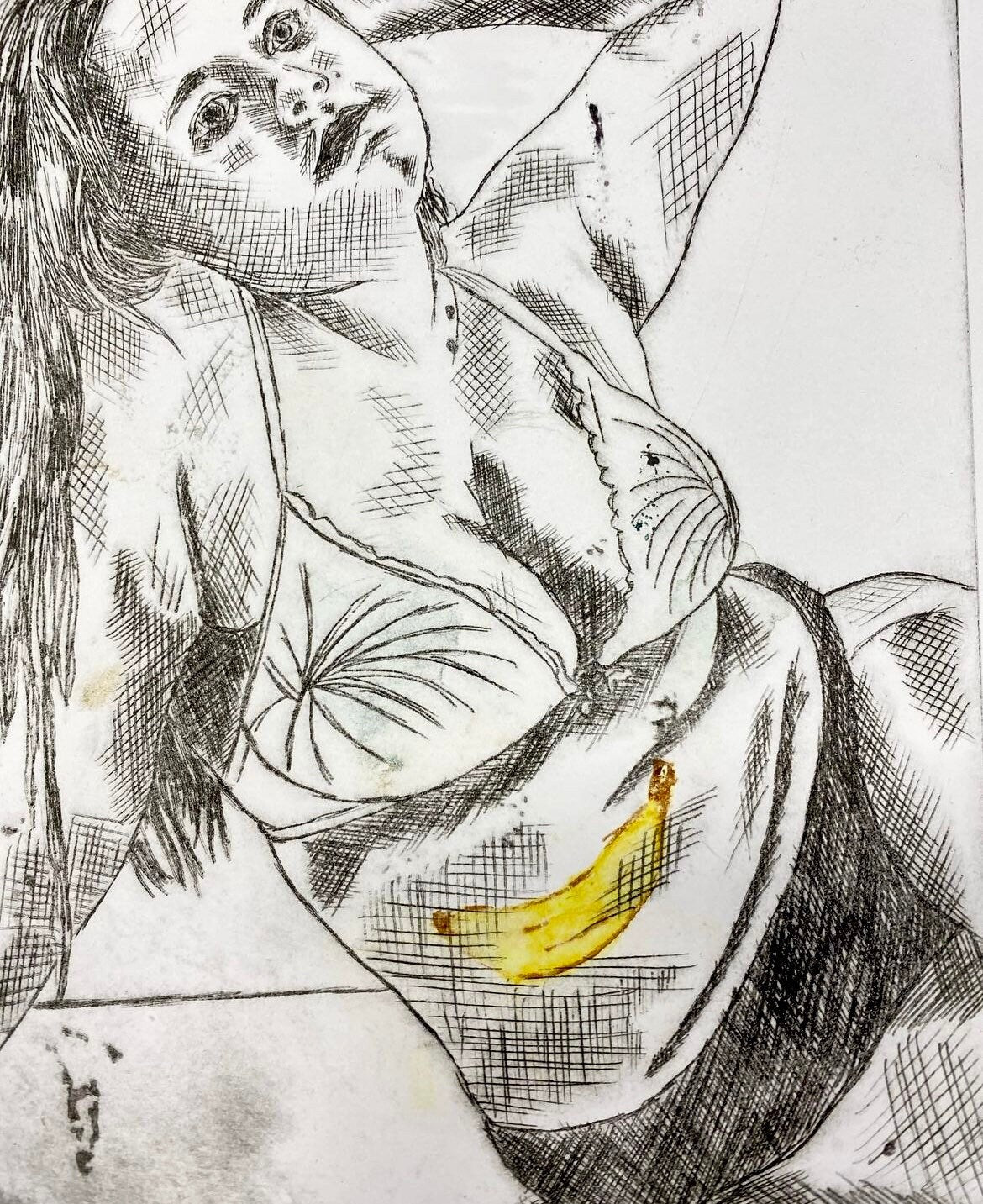Max Hammond “I’m Stuffed” 2020 drypoint with watercolour, print, art, collectible, original, Tracey emin