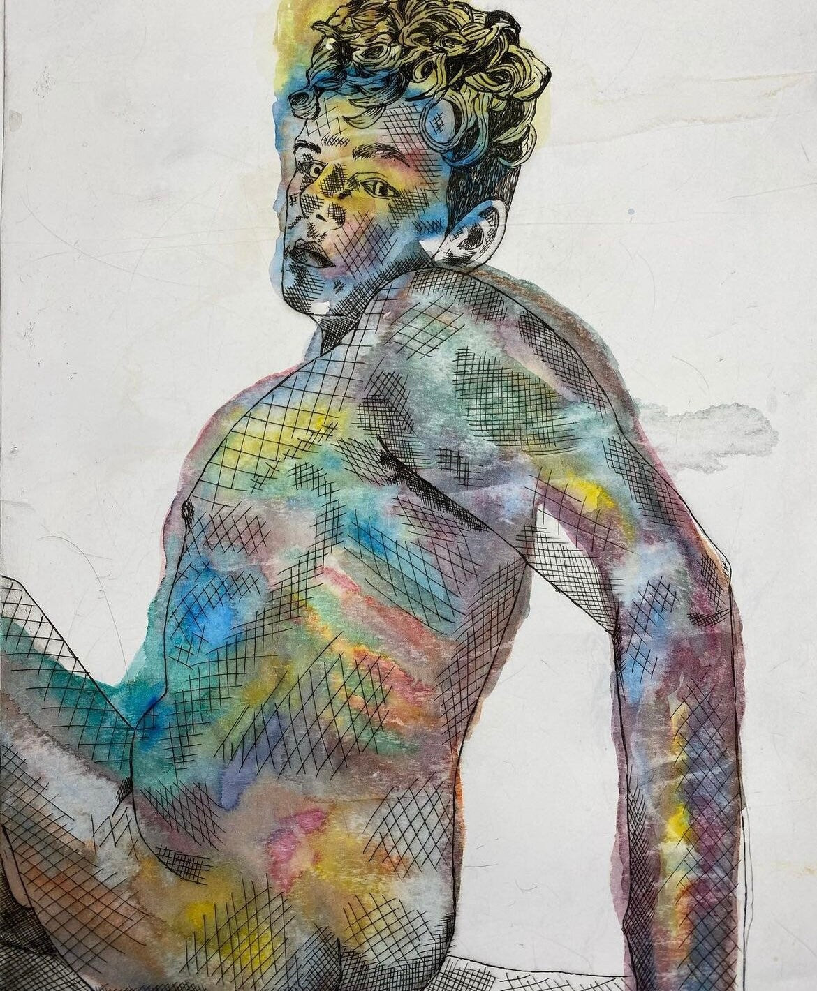 Max Hammond “Unhappy” 2020 drypoint print with watercolour, gift, art, nude, figure, drawing, collectible, original