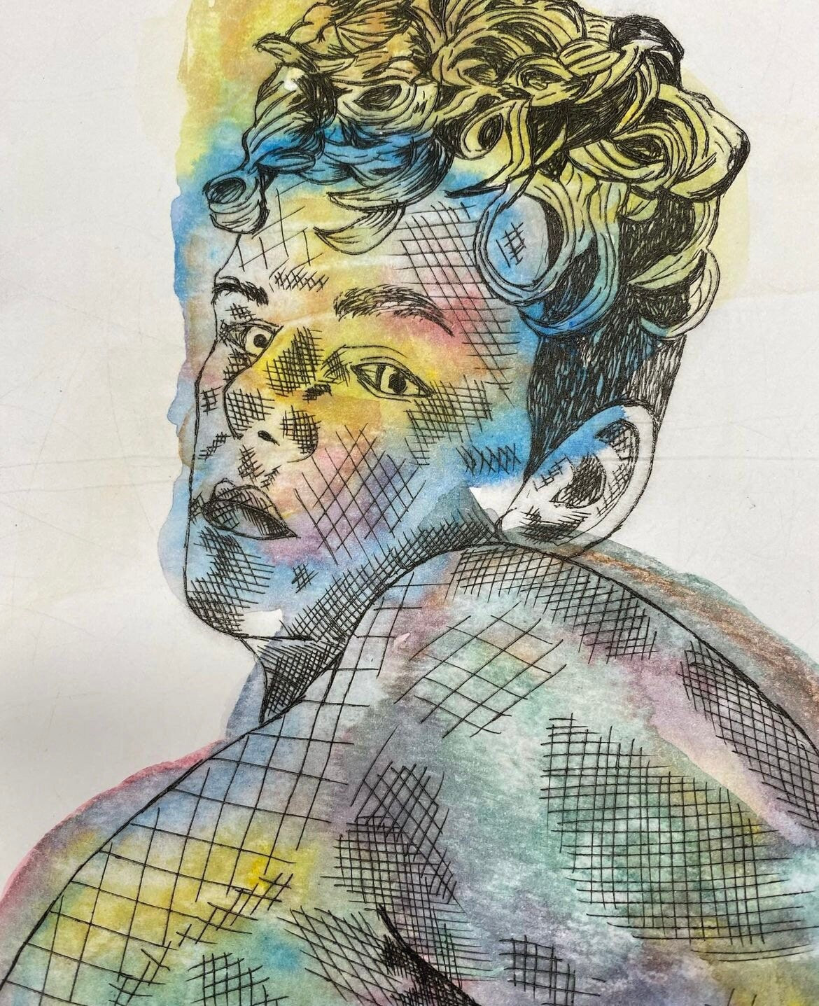 Max Hammond “Unhappy” 2020 drypoint print with watercolour, gift, art, nude, figure, drawing, collectible, original