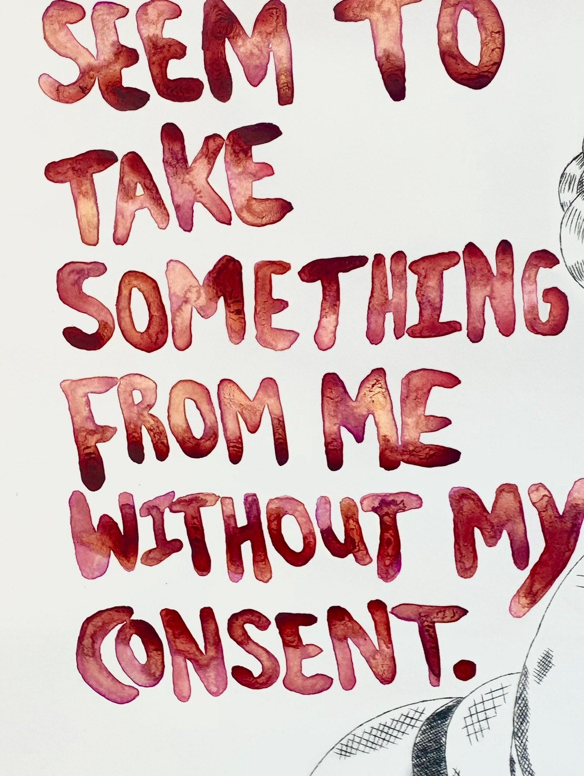 Max Hammond “I have never been raped” 2022, drypoint, watercolour, framed, print, original, Tracey emin