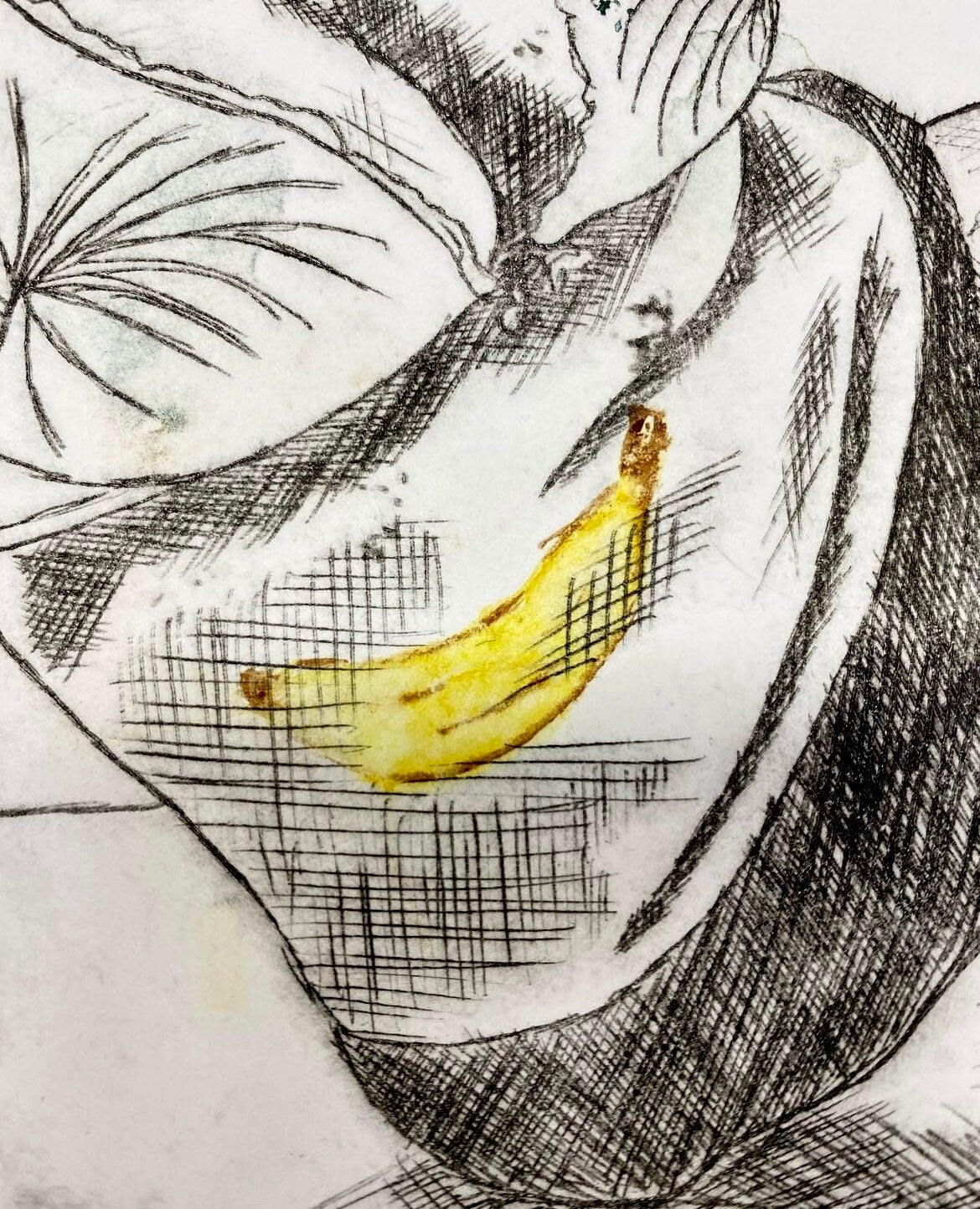 Max Hammond “I’m Stuffed” 2020 drypoint with watercolour, print, art, collectible, original, Tracey emin