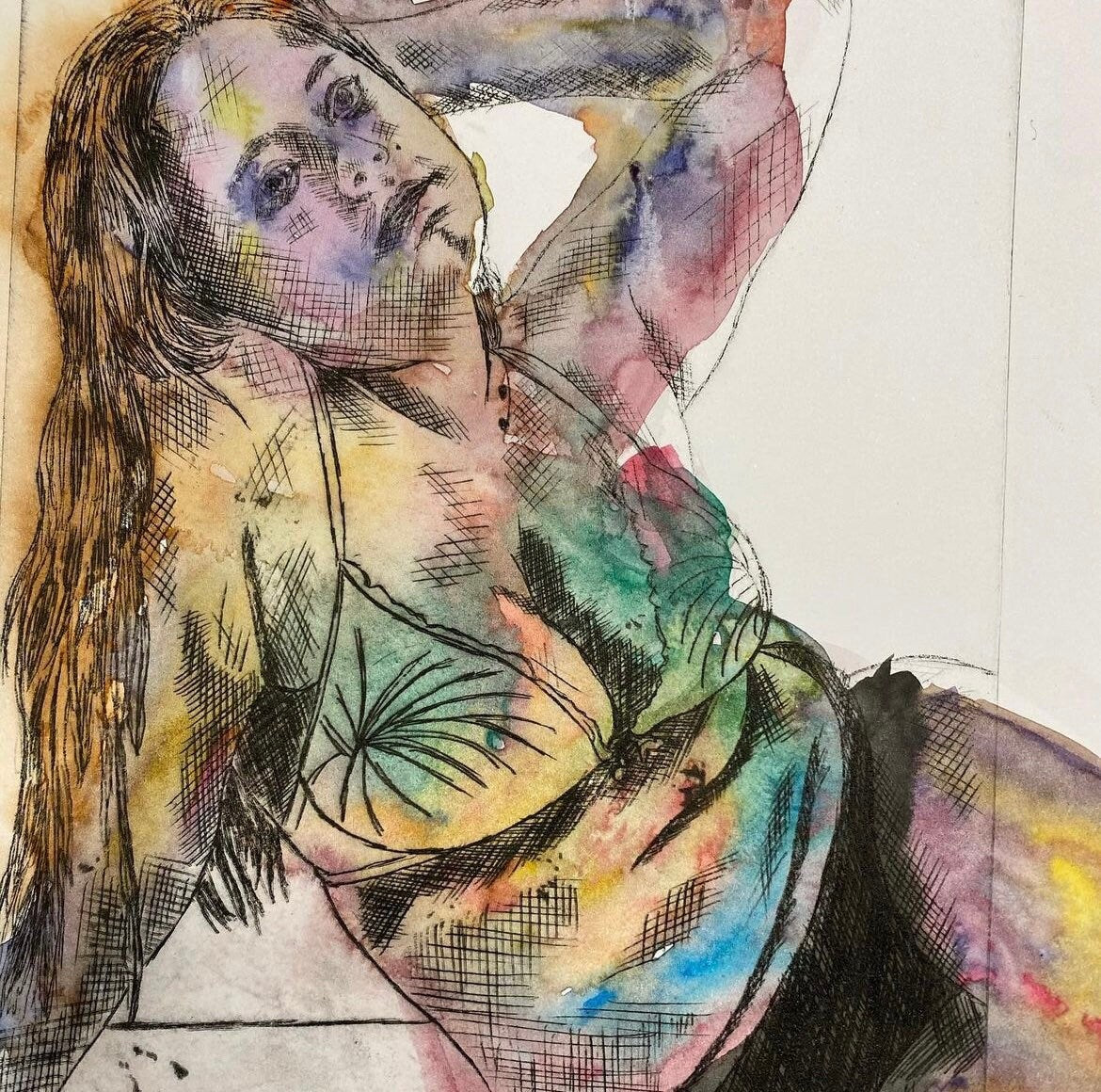 Max Hammond “Waiting For You” 2020 drypoint print with watercolour, original, print, art, nude, figure drawing, gift