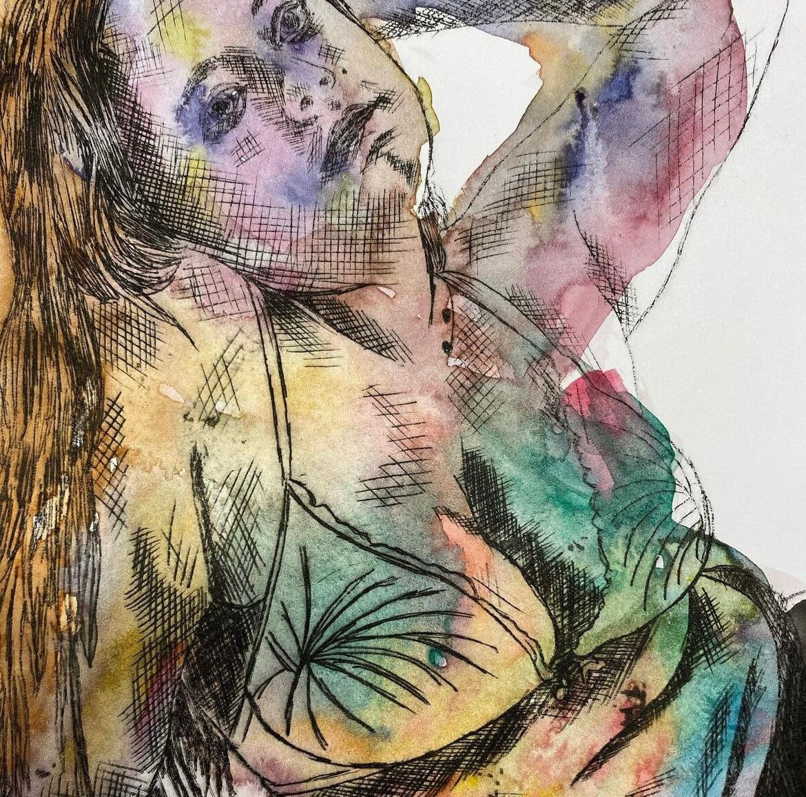 Max Hammond “Waiting For You” 2020 drypoint print with watercolour, original, print, art, nude, figure drawing, gift