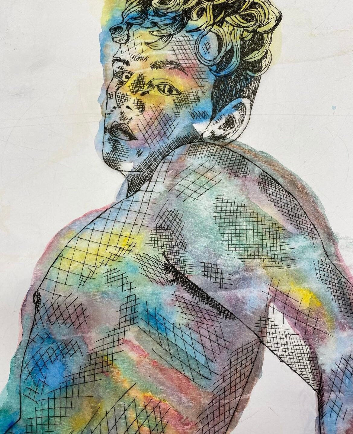 Max Hammond “Unhappy” 2020 drypoint print with watercolour, gift, art, nude, figure, drawing, collectible, original