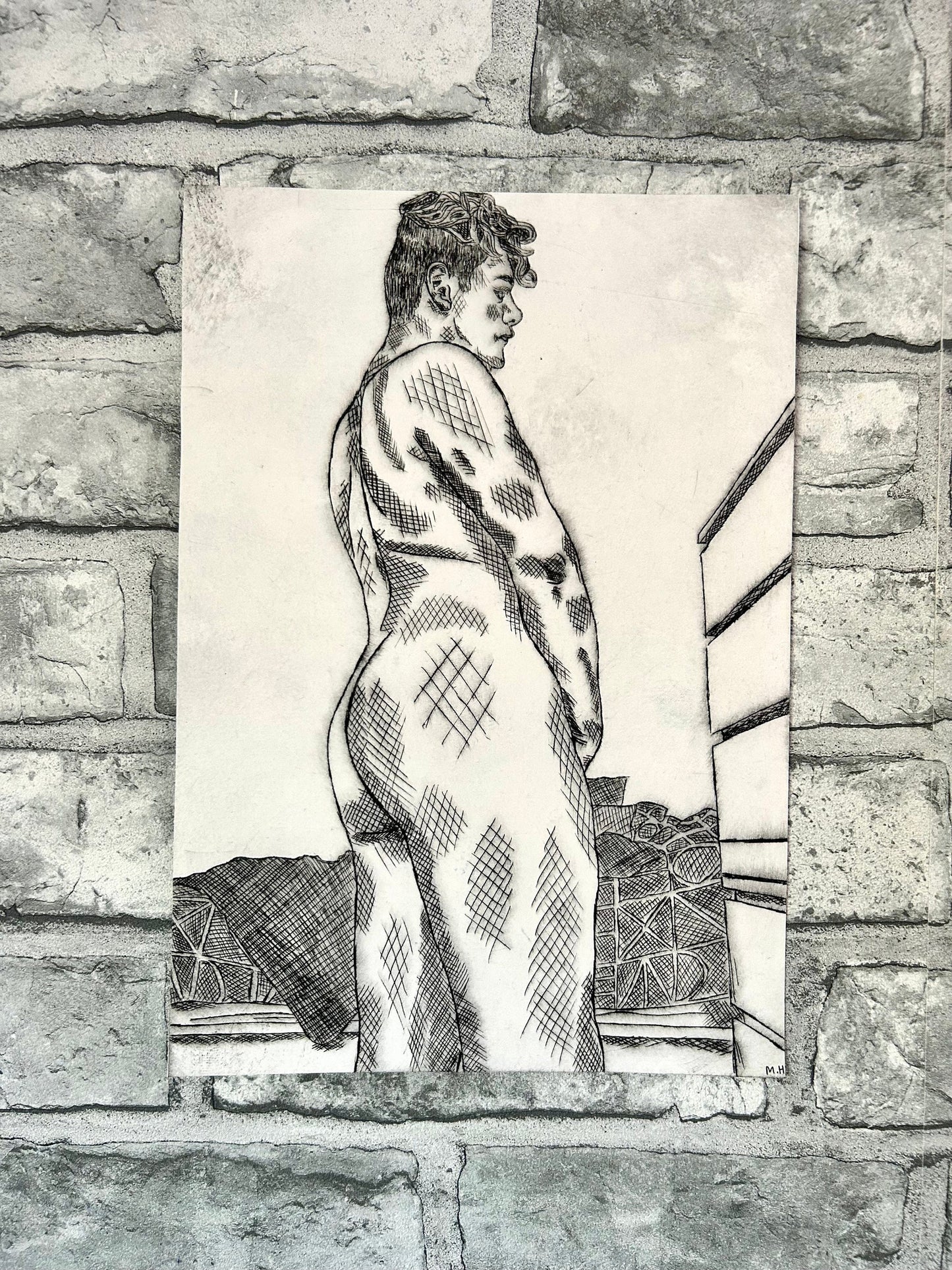 Max Hammond “His Other Option” 2020, drypoint, print, confessional, art, nude, Tracey emin, gay, figure, home, decor, gift, black collection