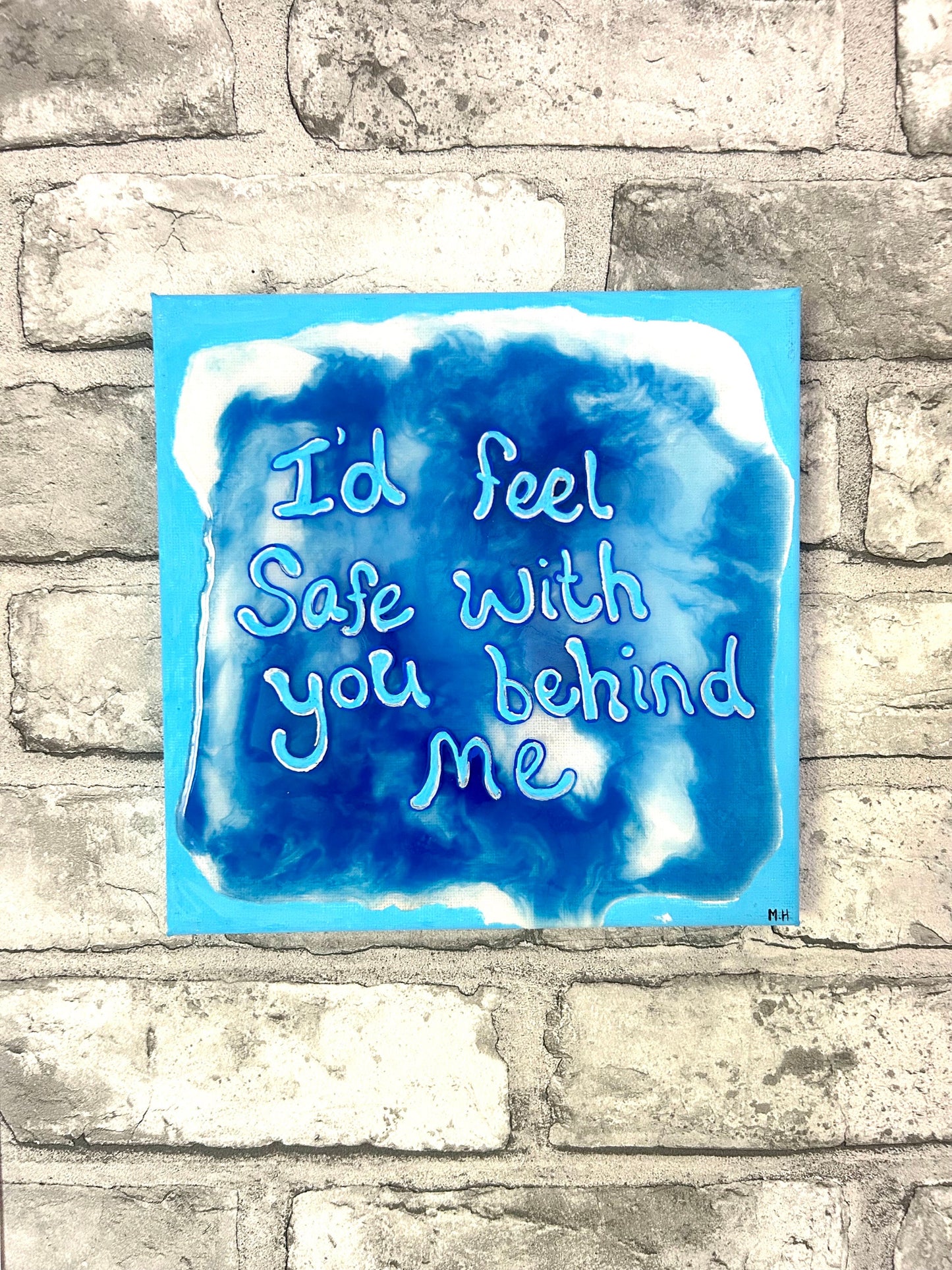 Max Hammond “Feel Safe” 2023, resin, canvas, confessional, art, quote, Tracey emin, gay, figure, home, decor, gift, fragile, acrylic, paint