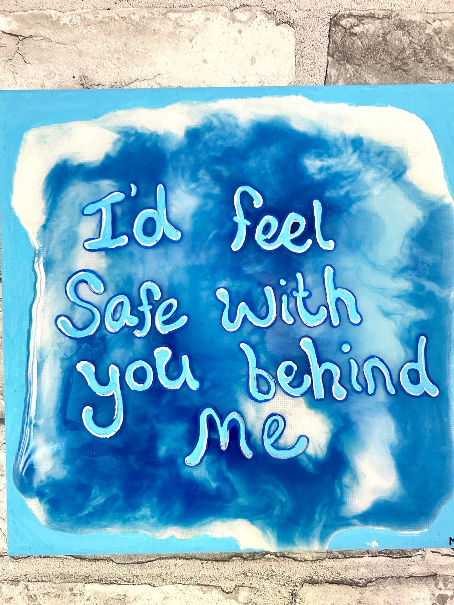 Max Hammond “Feel Safe” 2023, resin, canvas, confessional, art, quote, Tracey emin, gay, figure, home, decor, gift, fragile, acrylic, paint