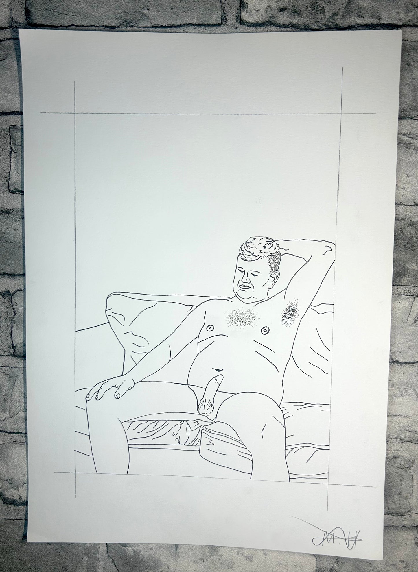 ‘Jason On The Sofa’ (2026) Unique Original Gay Art | Fine Liner Queer Erotic Drawing | Male Nude Phallus Phallic Fine Liner Gay Artwork One of a kind 1/1 By Artist Max Hammond