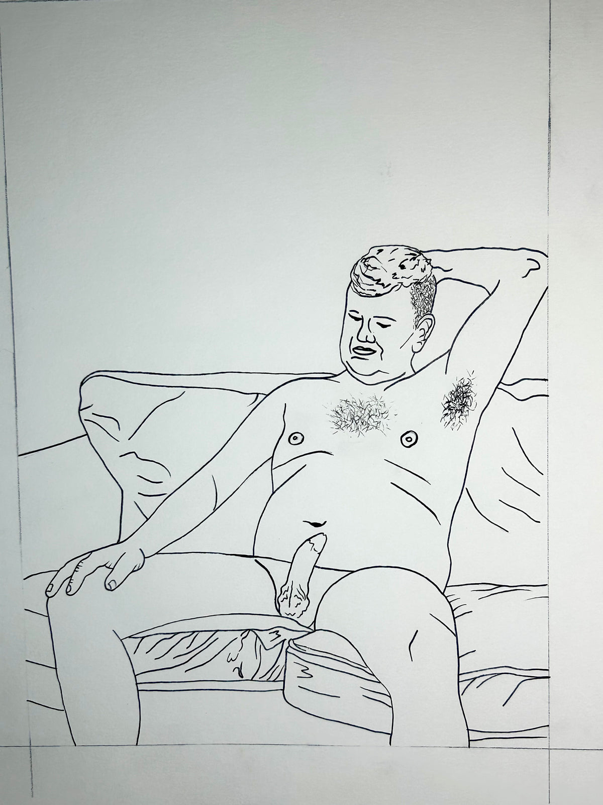 ‘Jason On The Sofa’ (2026) Unique Original Gay Art | Fine Liner Queer Erotic Drawing | Male Nude Phallus Phallic Fine Liner Gay Artwork One of a kind 1/1 By Artist Max Hammond