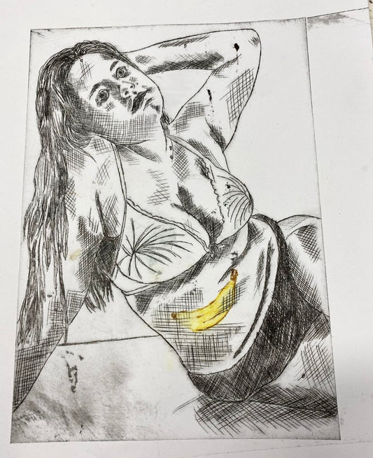 Max Hammond “I’m Stuffed” 2020 drypoint with watercolour, print, art, collectible, original, Tracey emin