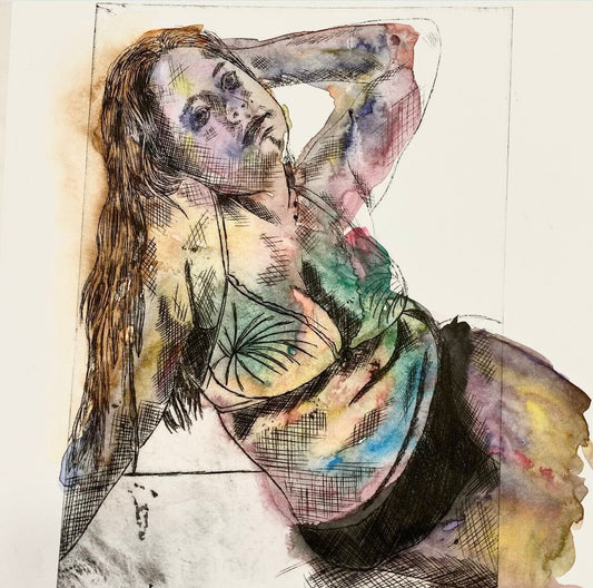 Max Hammond “Waiting For You” 2020 drypoint print with watercolour, original, print, art, nude, figure drawing, gift