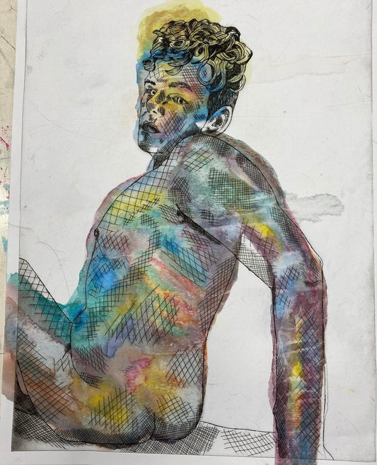 Max Hammond “Unhappy” 2020 drypoint print with watercolour, gift, art, nude, figure, drawing, collectible, original