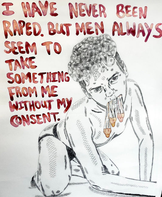 Max Hammond “I have never been raped” 2022, drypoint, watercolour, framed, print, original, Tracey emin