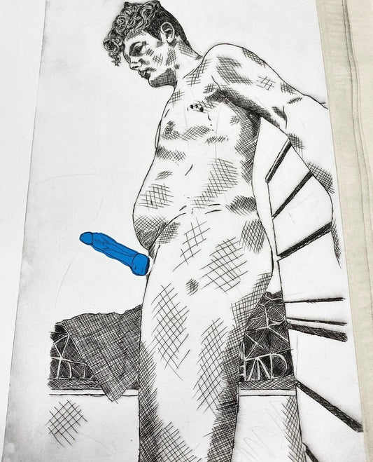 Max Hammond “Average” 2020 drypoint print with collage, gift, original, collectible, figure, Tracey emin