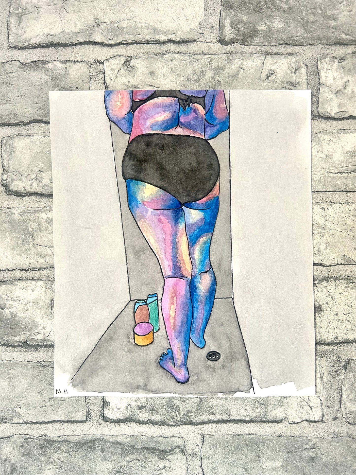 Max Hammond “Lonely Shower” watercolour, painting, Original, Contemporary Confessional artist, Signed, Dated, gift, art, Drawing, 1/1