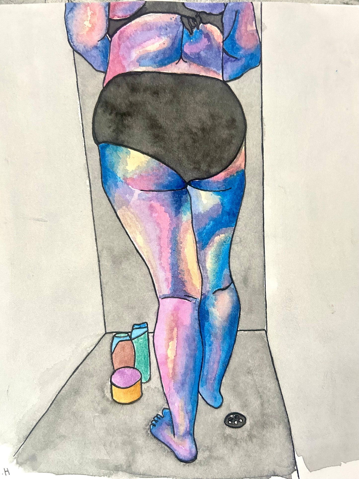 Max Hammond “Lonely Shower” watercolour, painting, Original, Contemporary Confessional artist, Signed, Dated, gift, art, Drawing, 1/1