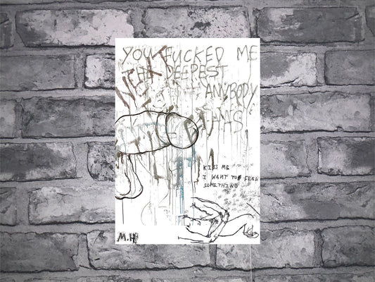 Max Hammond “You Fucked Me” X ”Kiss Me” 2023 print, A5, 2022 ink, airbrush, Tracey emin, monoprint, neon, gift, figure print, home decor